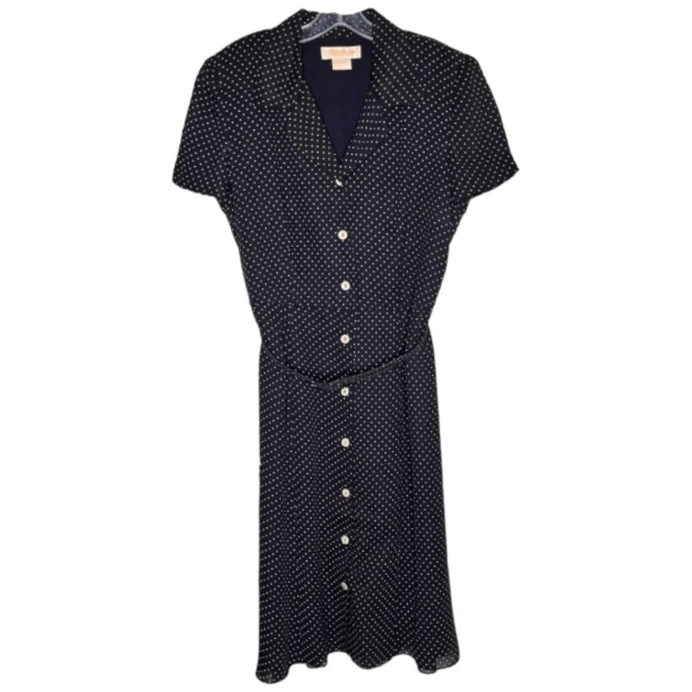 Brooks Brothers Dotted Belted Button Up Shirtwaist Dress - Navy/White - 14P